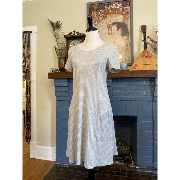 Toad & Co M ORGANIC Cotton Knit Tencel Dress Grey Stripe A Line Fit Flare Midi - Picture 2 of 13
